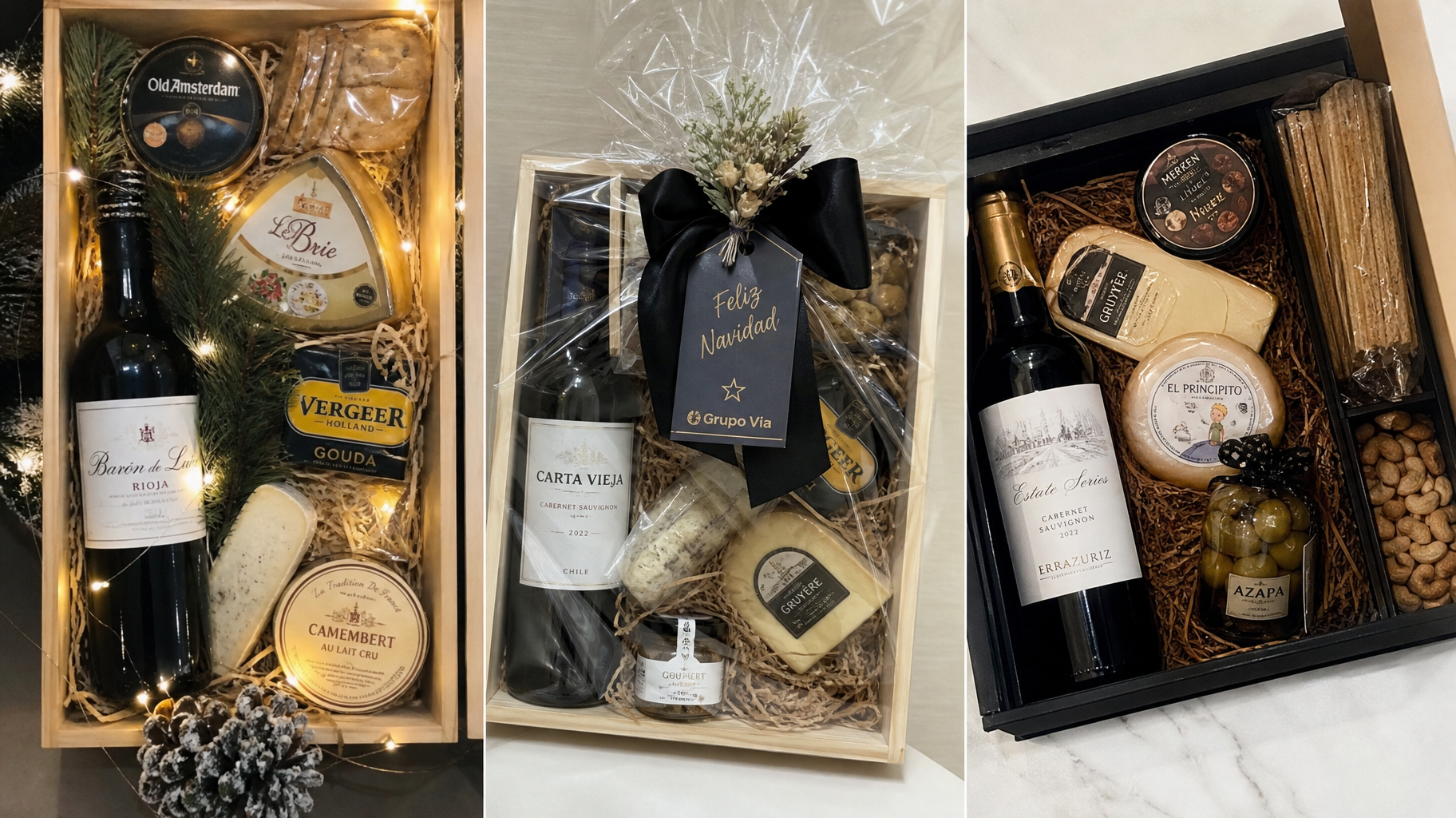 Hampers navideños de vino tinto con luces microleds y quesos finos